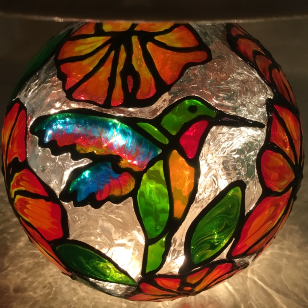 Hand painted Stained glass 13 inch Hummingbird and Hibiscus Lamp - Picture 7 of 7
